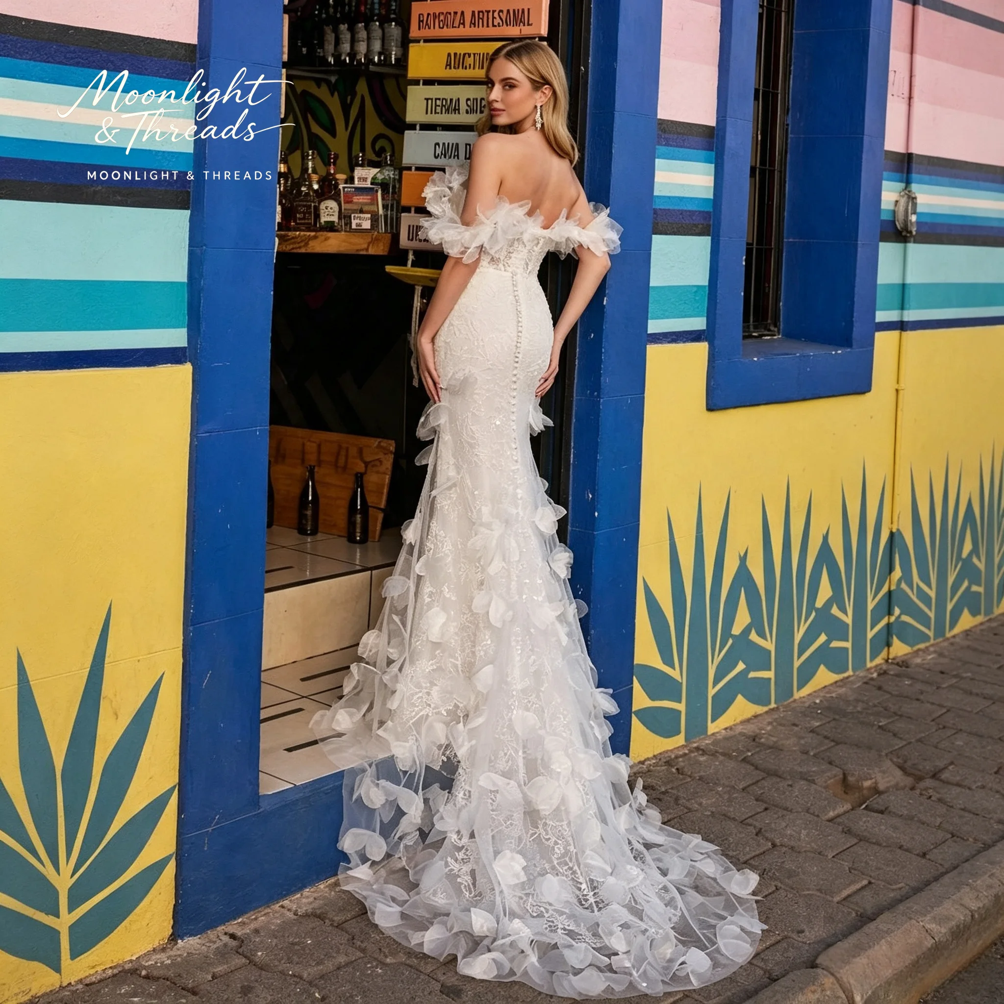 Elegant white mermaid wedding dress with exposed shoulders 3D floral appliqués and fishbone waistband for the bride view 4
