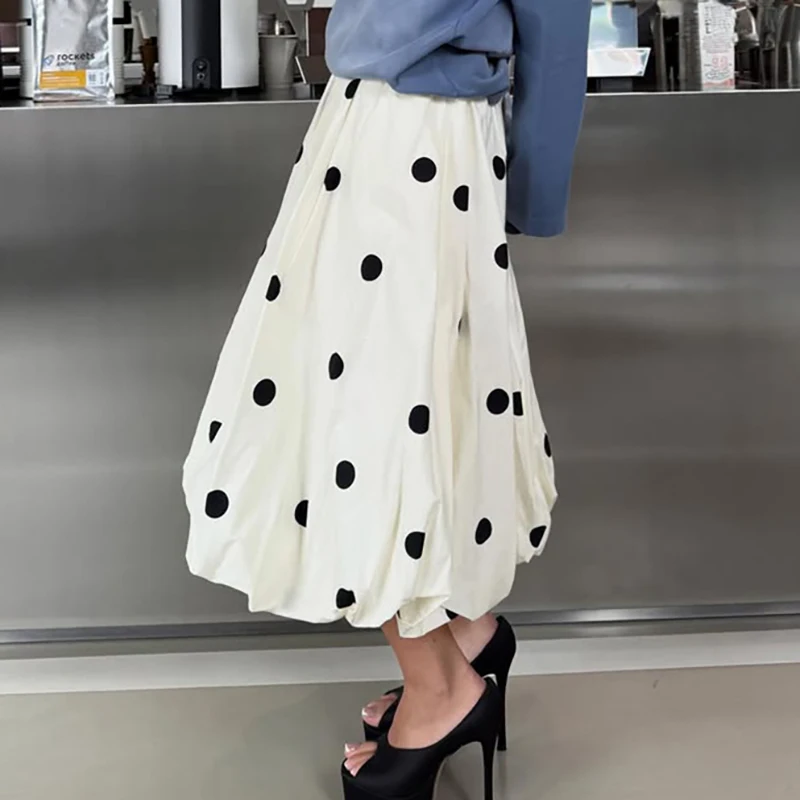 2026 Spring Summer Casual Polka Dot Skirt Vintage Non Elastic Pleated A-Line Skirt Lady Elegant Office Commute Floral Bud Skirt