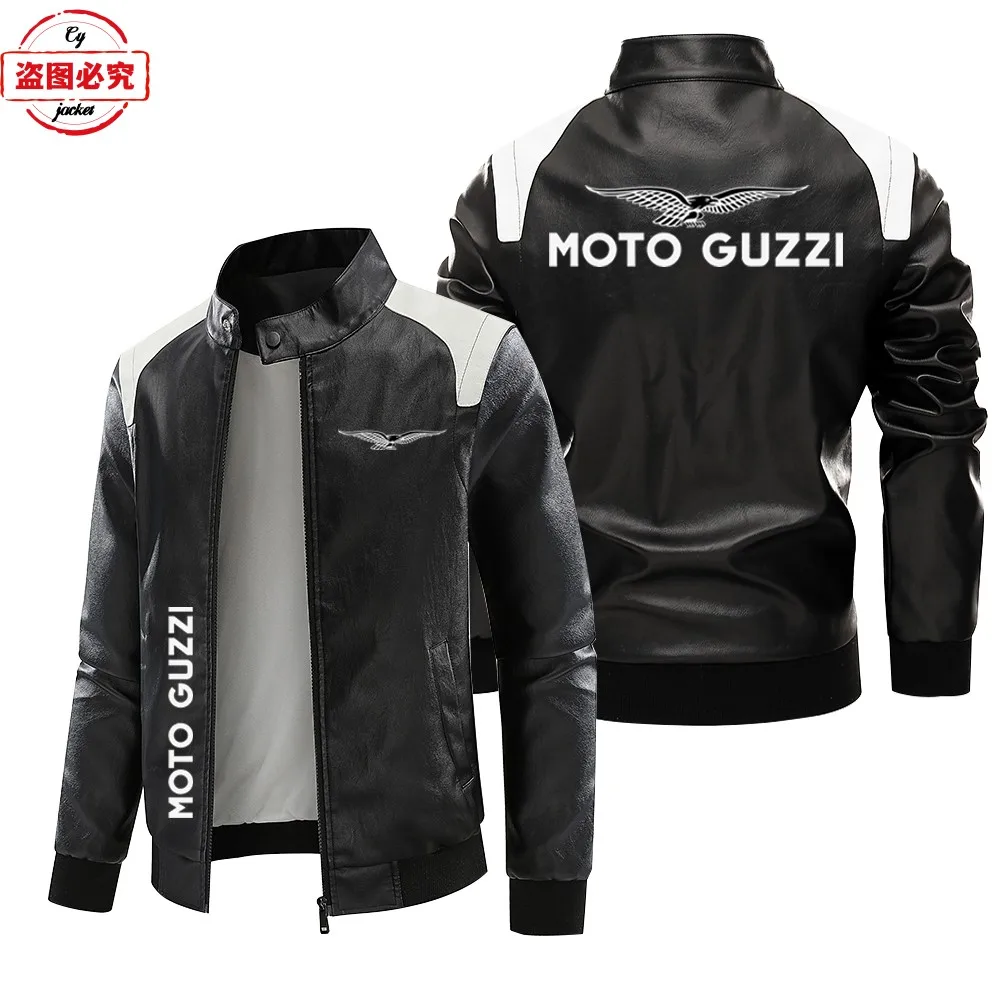 Moto Guzzi Motorcycle Logo Vintage Washed Pu Leather Jacket Windproof Spring and Autumn Men's Motorcycle Leather Jacket