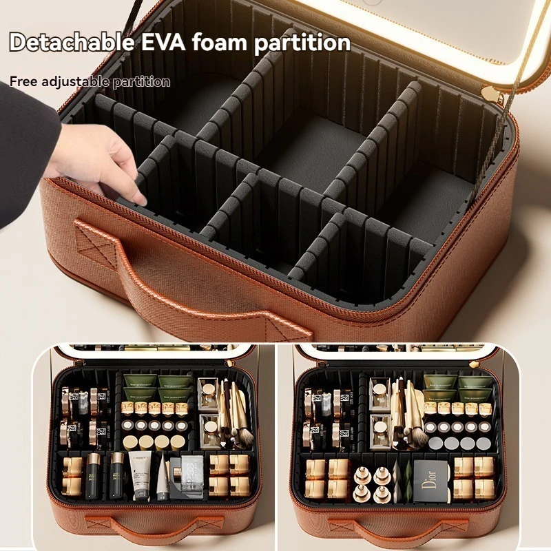 Portable LED Mirror Makeup Train Case, Large-Capacity Cosmetic Organizer Bag with Brush Holder