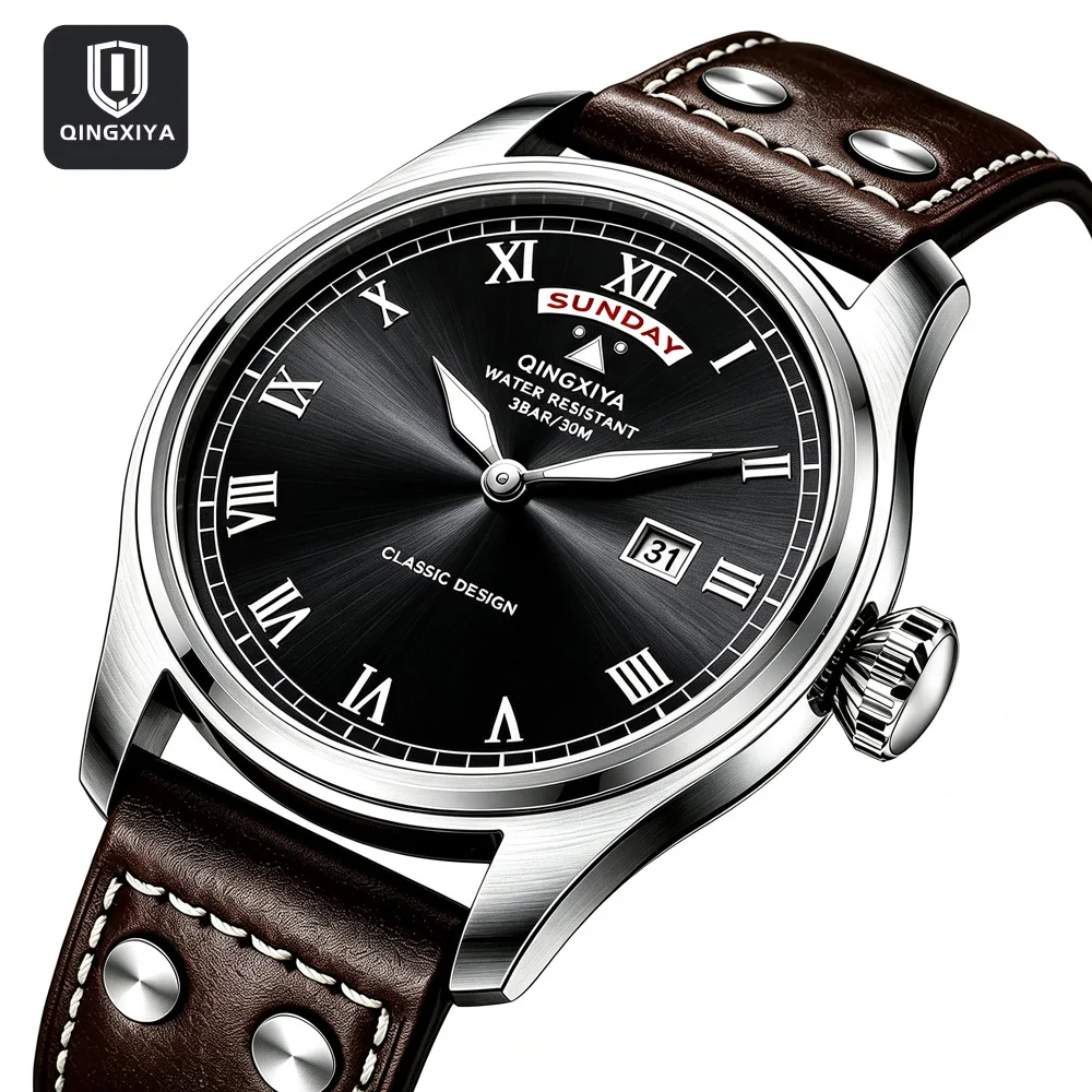 QINGXIYA Modische Casual Herren Quarzuhr Luxus Leder Wasserdichte Sportuhr Militäruhr für Männer Relogio Masculino – Detail 14
