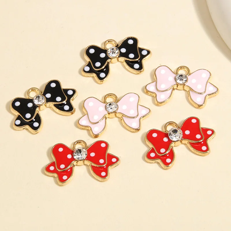 10pcs Gold Color 24x16mm Cute Enamel Bowknot Charms Crystal Pendant Fit Necklaces DIY Handmade Jewelry Making Finding Supplies