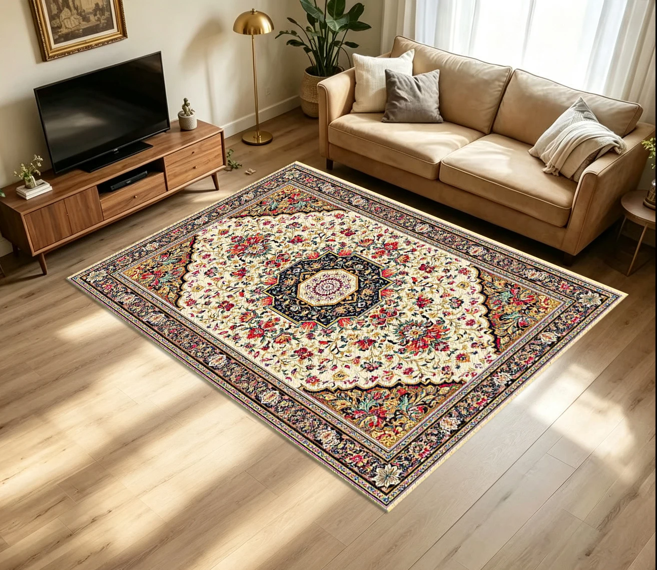 Classic Persian Medallion Carpet Flooring Oriental Traditional Rich Floral Border Printed Floor Rug for Household Living Area Home Ornament