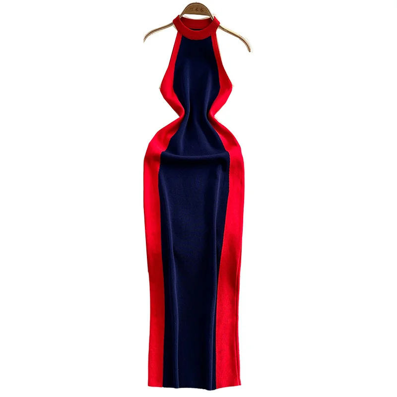 INS women sexy summer chic halter neck knitted bodycon long dress casual patchwork party sheath elegant streetwear club dress