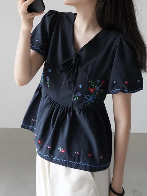 Süße bestickte irt Damen Faion Vintage Floral V-ne ort Sve Sommer Krawatte Puppe Top Altersreduzierung Kleidung