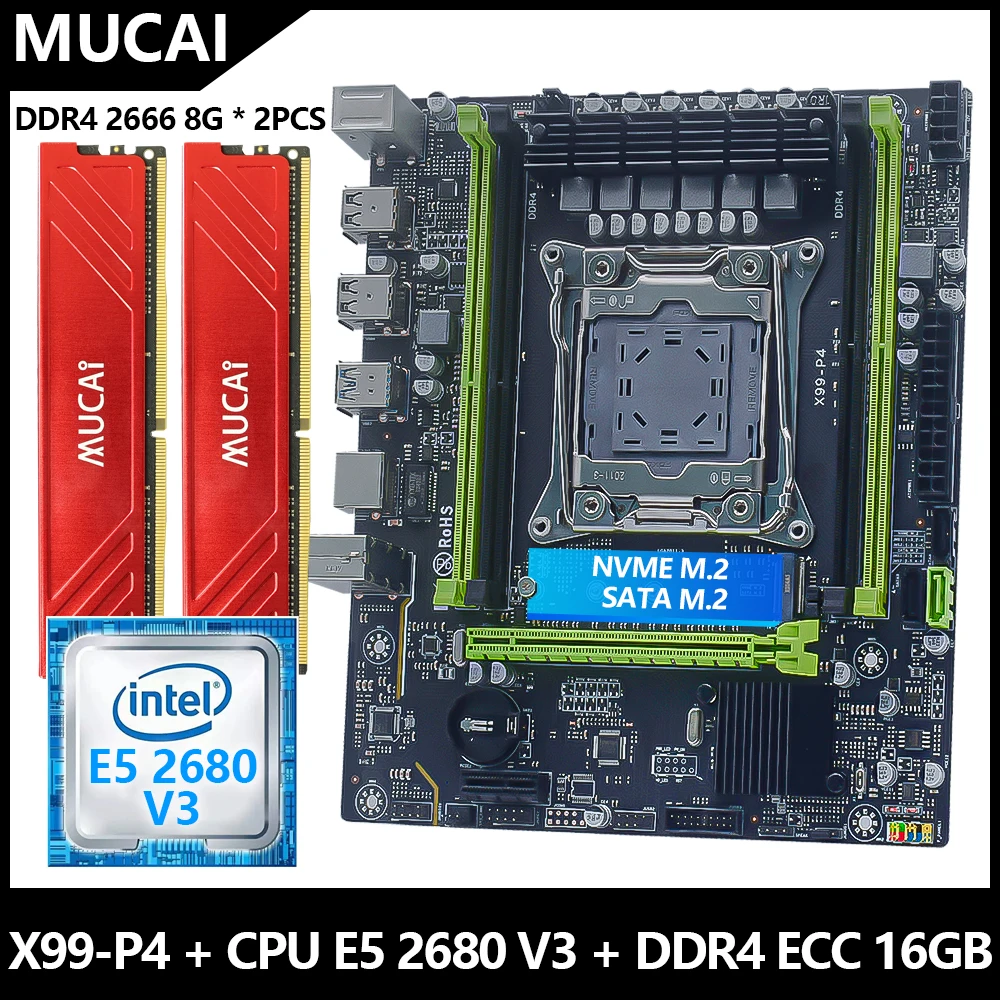 Материнская плата MUCAI X99 P4 LGA 2011-3 с комплектом DDR4 16 Гб (2*8 ГБ) 2666 МГц ОЗУ память и процессор Intel Xeon E5 2680 V3