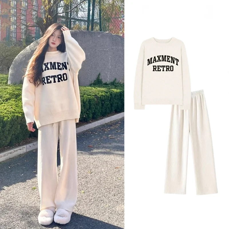 Autumn/Winter Women\'s Set Korean Edition New Embroidered Round Neck Knitted Sweater+Wide Leg Pants Two Piece Set