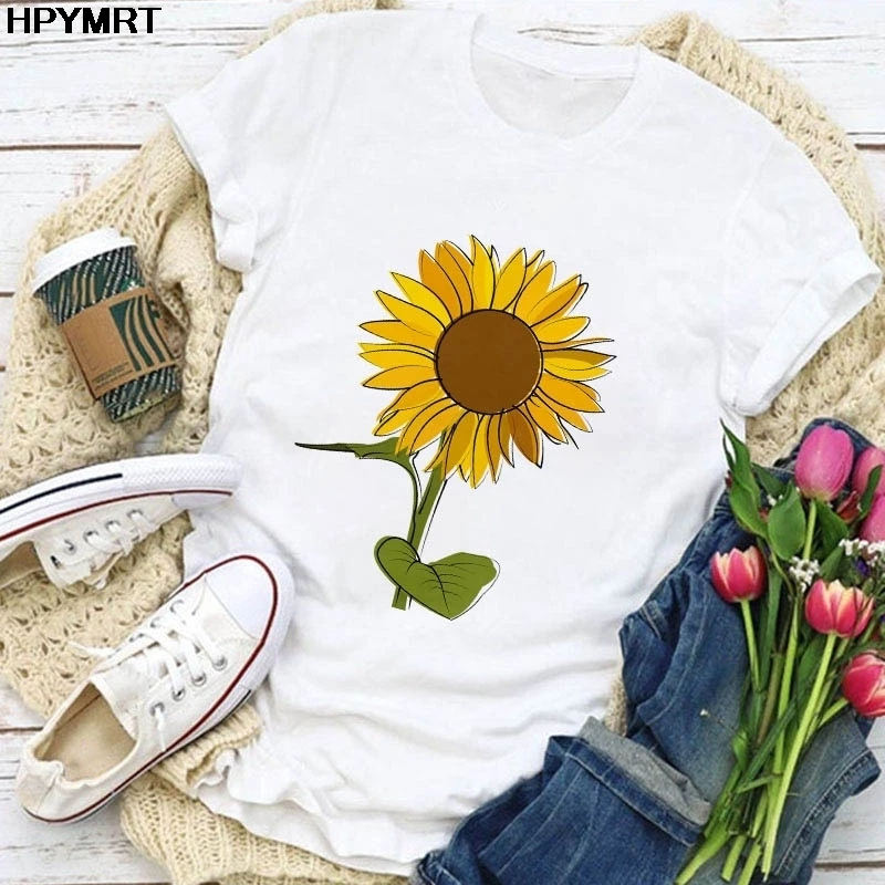 Tshirt Women Summer Clothes daisy Print Pattern Flower Sweet Short Sleeve T Shirt Female fashion T-shirt Casual Tops Tees cloth