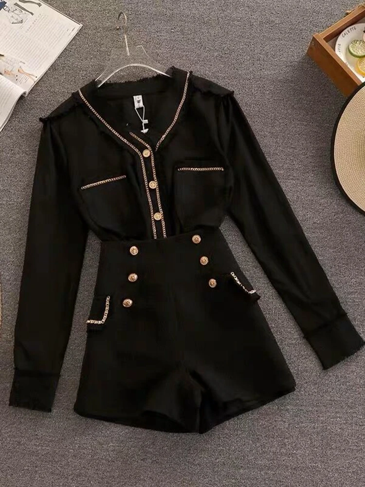 Korean Fashion Streetwear Tweed 2 Piece Set Women Long Sleeve Shirt Blouse Tops + Shorts Sets Vintage Two Piece Pant Suits