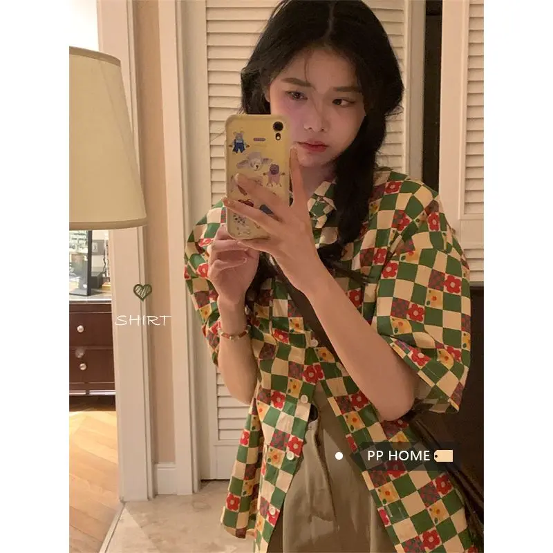 XEJ Korean Style Checkerboard Checked Shirt Vintage Things Chiffon Blouse Cheap Women\'s Clothing