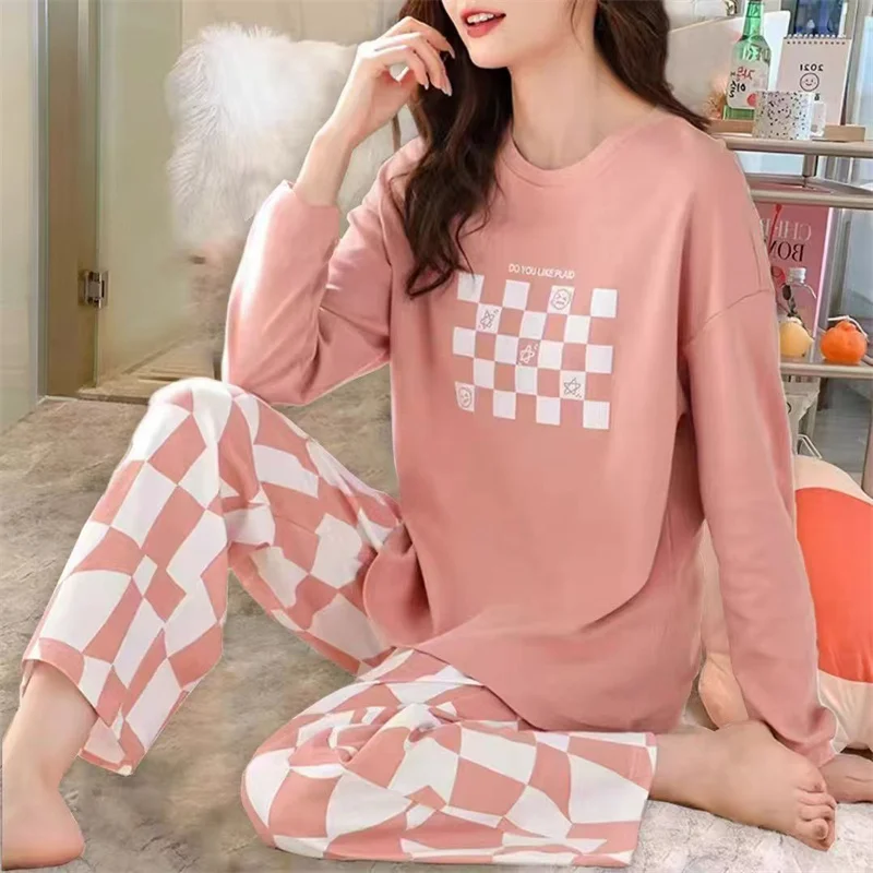 

Korean Women Fashion Printing Two-piece Pajamas Autumn Femme Large Size 4XL Sleepwear 2PCS Spring Lady Round Neck Loungewear Set