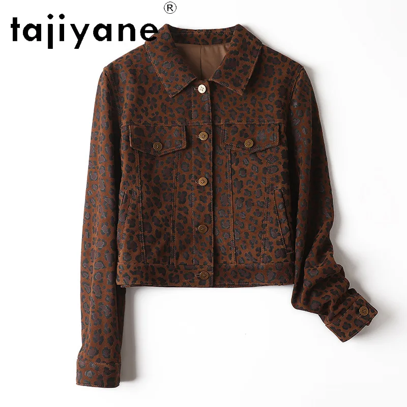 TAJIYANE Vintage Leopard Leather Coat Genuine Leather Jacket Women Suede Sheepskin Outerwear Lapel Short Denim-Style Jackets New