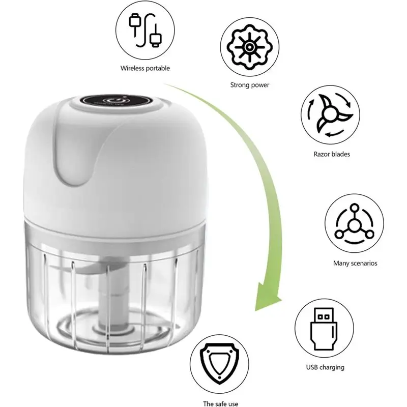 B51CNEW! Electric Garlic Chopper USB Rechargeable Mini Food Processor 250Ml Electric Garlic Chopper Portable Vegetable Mincer Wh
