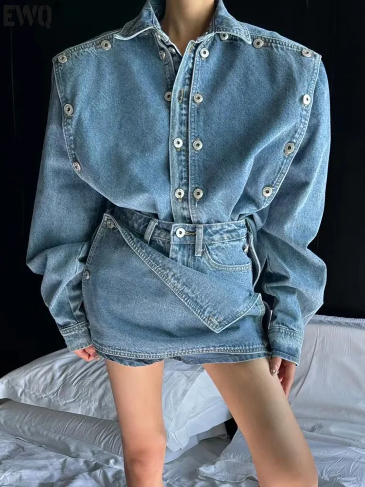 

[EWQ] Korea High Street Button Denim Jacket And Irregular Short Pants 2 Piece Set For Women 2024 Early Autumn New Fashion GZ411