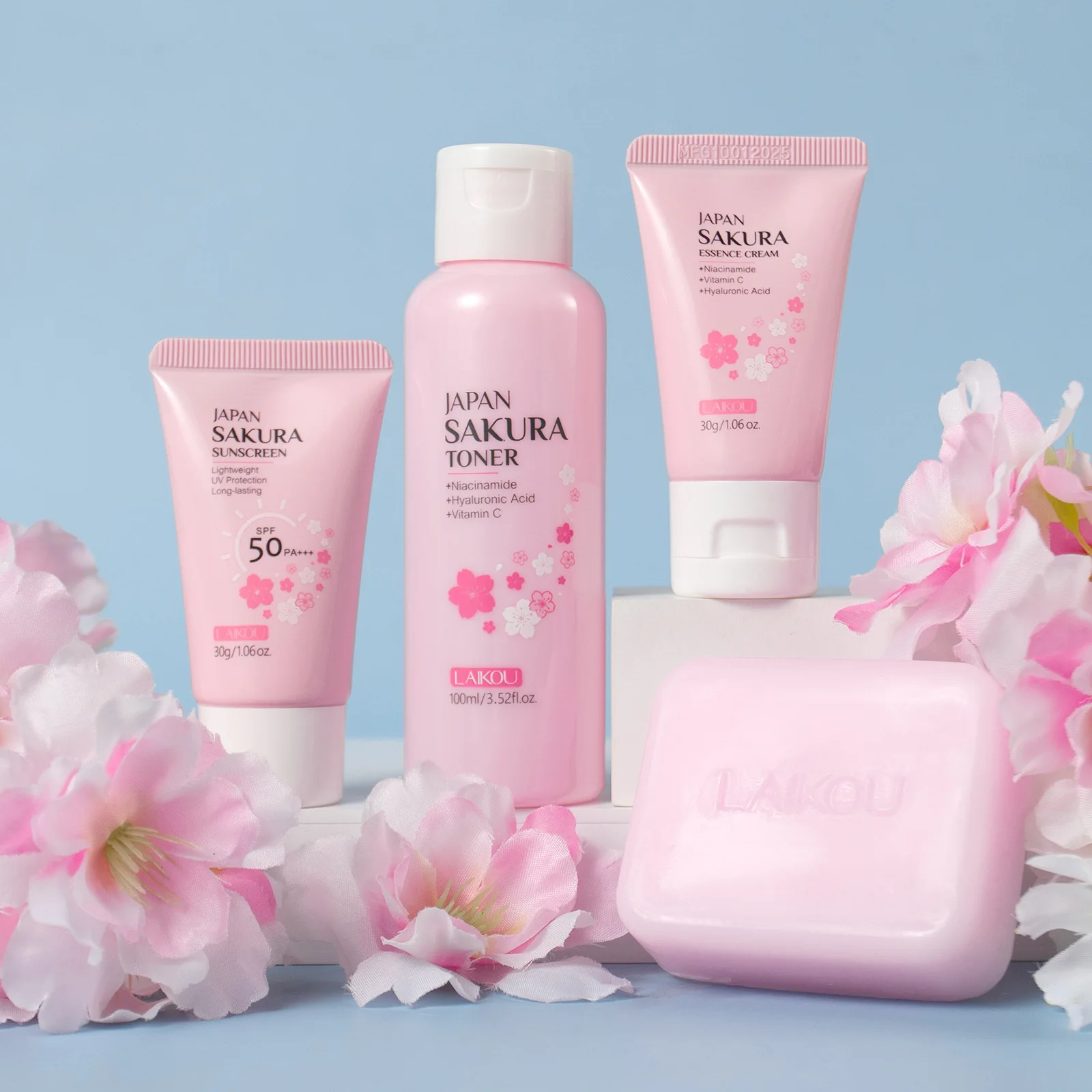 LAIKOU Sakura 4Pcs Skincare Set Brightening Face Care Kit with Soap Toner Cream Sunscreen, Complete Daily Routine 100ml+50ml+30g