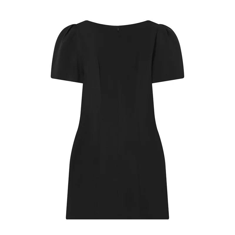 Black fitted mini dress, fashionable solid color, short sleeves, round neck, waist-cinching dress, suitable for daily commuting