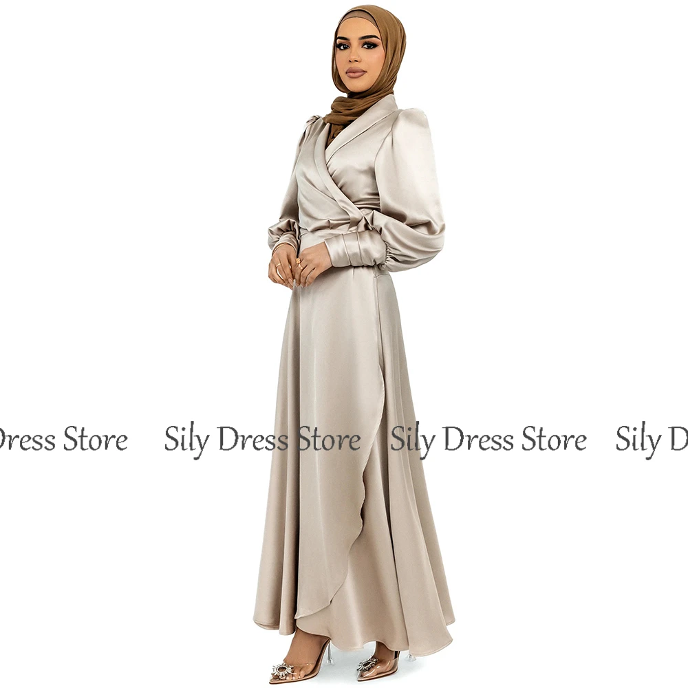 Dubai Special Occasion Dresses Satin A-line Prom Gown Light Brown V-neck Sashes Lantern Sleeve Evening Dress Maxi 2024