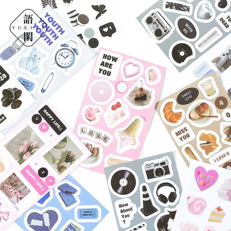 20 قطعة من ملصقات قطع القوالب الكرتونية الإنجليزية Kawaii Ins، ملصقات قرطاسية جمالية لتزيين سجل القصاصات