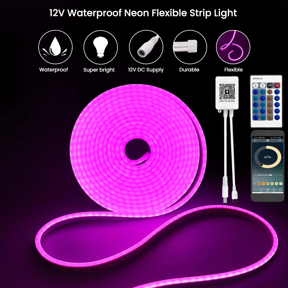 Bluetooth Dimmable 12V 2835 Neon Light LED Strip Sign 120LEDs/M Flexible Rope Tube Tape Lamp IP65 Waterproof Ribbon Diode 1M-5M