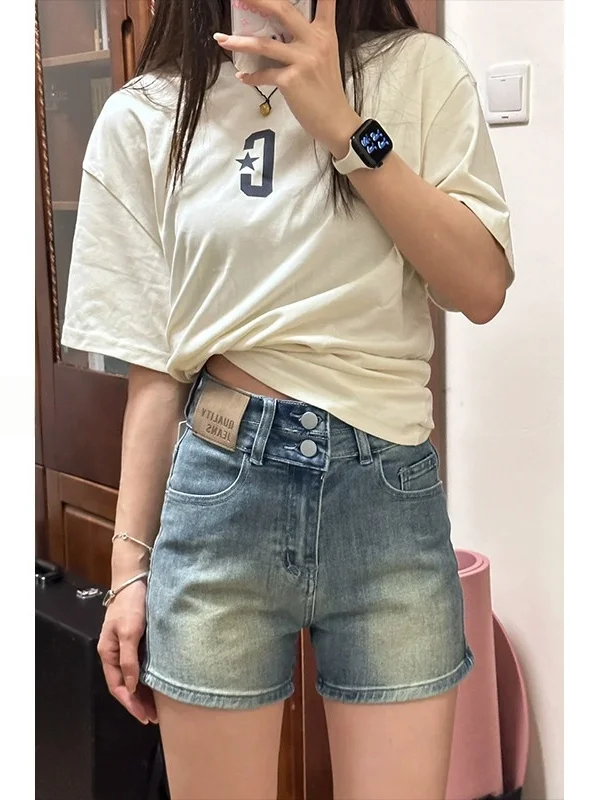

High Waist Elastic Denim Shorts Women's Summer New Large Size Pear Body Shape A-Line Hot Pants Casual Straight Leg Jeans