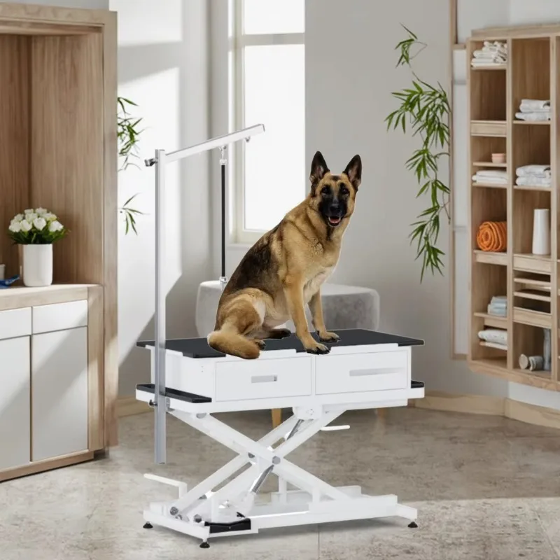 

Customizable luxury stainless steel dog grooming table with 4 soft-closing drawers and Light Emitting Diode for pet hair salons