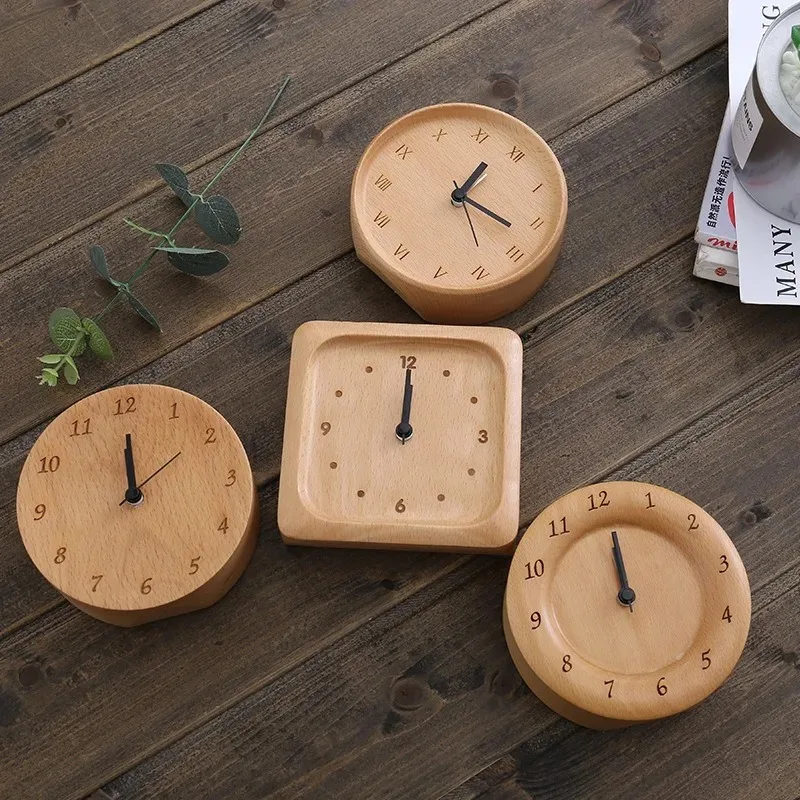 

Japanese Beechwood Silent Table Clock Creative Solid Wood Alarm Clock Home Bedroom Bedside Watch Home Decorative Ornaments