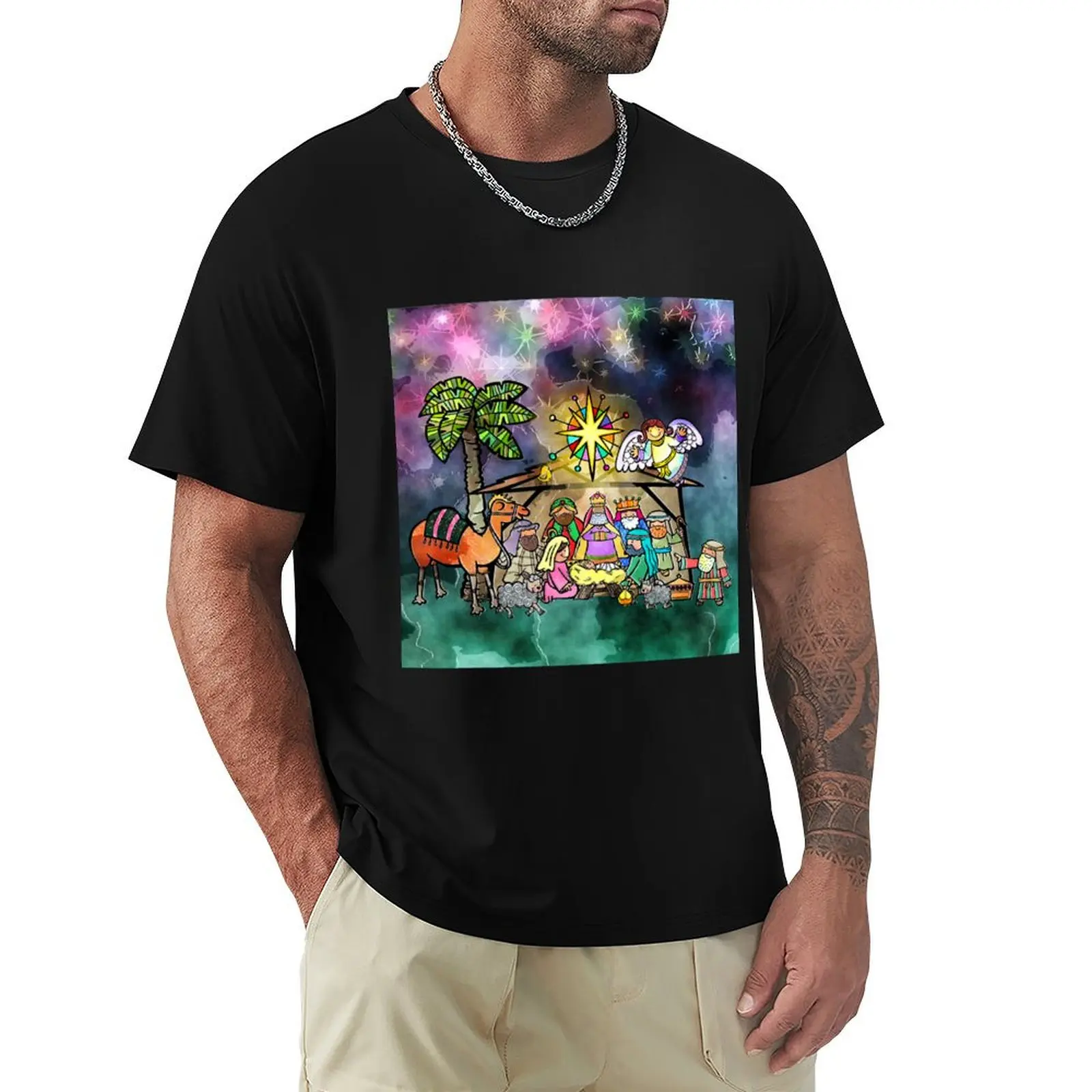 Watercolour Christmas Nativity Painting T-Shirt Casual Trendy Streetwear Tee Shirt