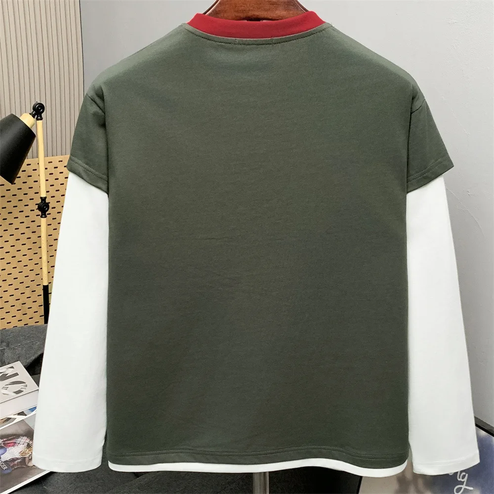 MWJLPWQ Fake Two-Piece Color-Blocked Long-Sleeve T-Shirt Men Distressed Letter Print Metal Ring Cutout Design Casual Top 20628