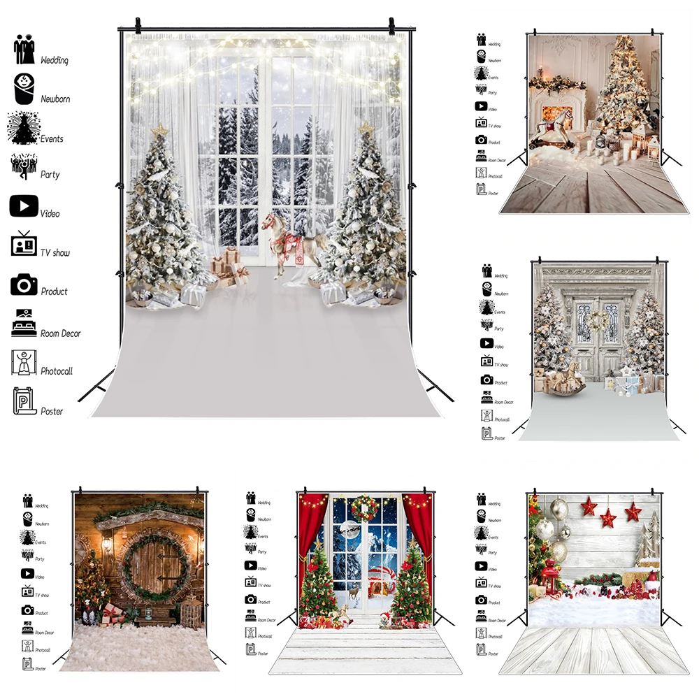 

Winter Christmas Photography Backdrop Xmas Tree Candle Fireplace Wood Floor Family Party Kids Portrait Photo Background Decor