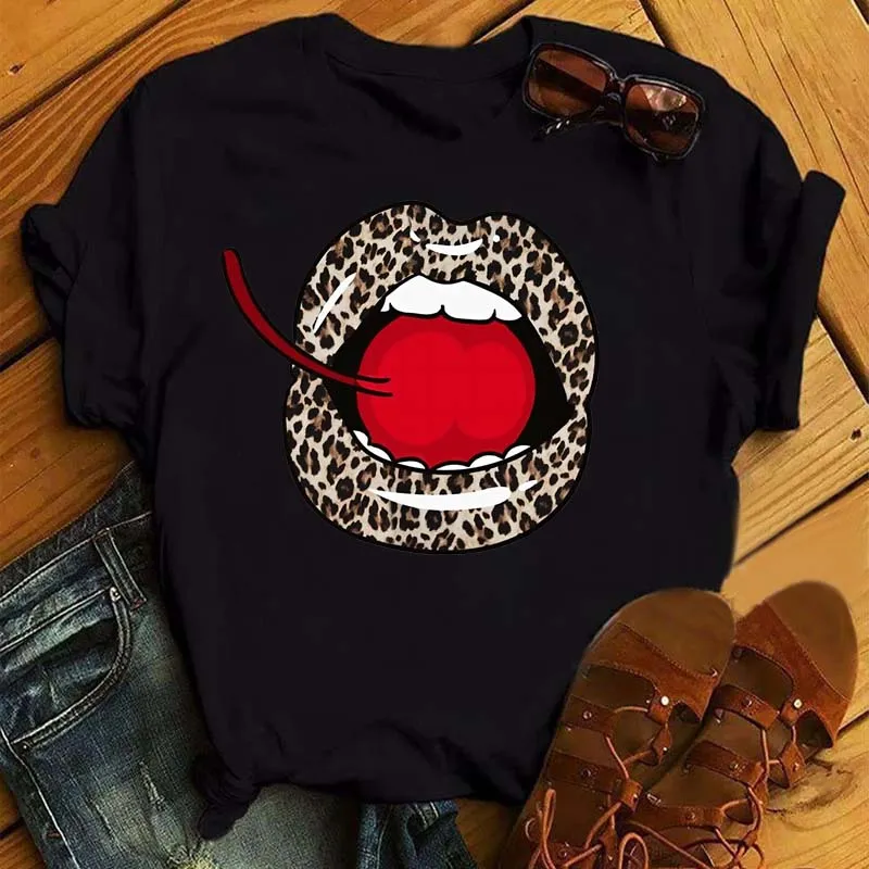 New Women Pink Lips Leopard Graphic T Shirt Casual Fahion O-neck Sexy Black Tees Kiss Lip Funny Girls Tshirt,Drop Shipping