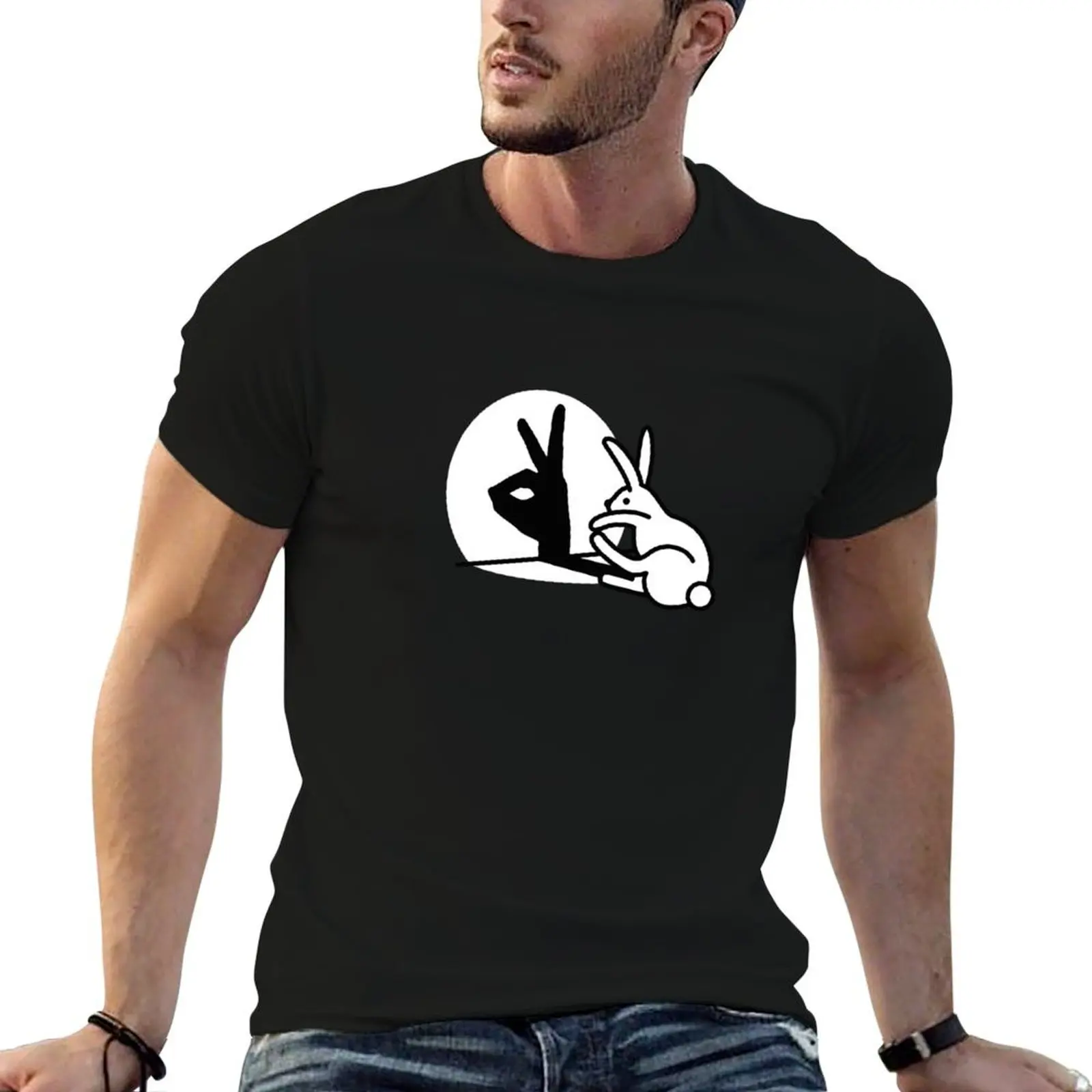 Funny Rabbit hand shadow puppets humor pop art T-Shirt Basic Solid Tee for Daily Use