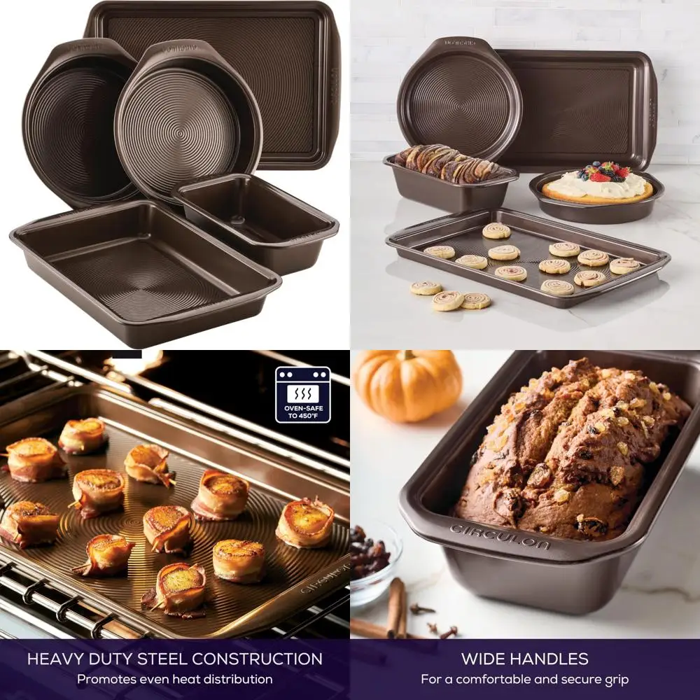 

nonstick bakeware set with nonstick cookie sheet, bread pan, bakings pan and cake pans - 5 piece, chocolate brown