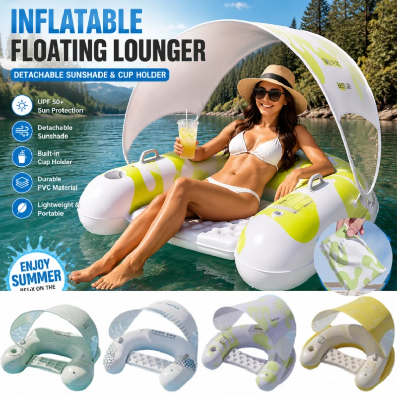 Portable Inflatable Floating Lounger Chair Adult Swimming Pool Float with Sunshade & Cup Holder Foldable Water Mattress Summer