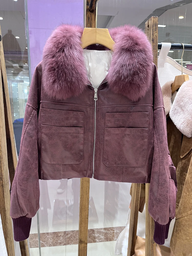 2025年冬 ナチュラルフォックスファー襟 ダックダウンコート レディース ルーズ ラグジュアリー 人工スエード パファージャケット 服