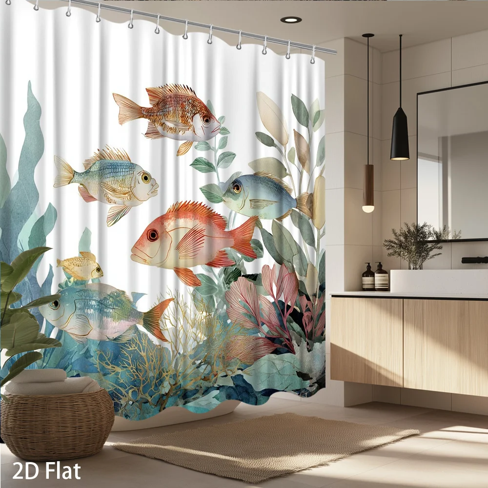 

1pc Shower Curtain — Watercolor Fish & Coral, Waterproof Machine Washable Polyester for Shower/Bathtub Bathroom Decor