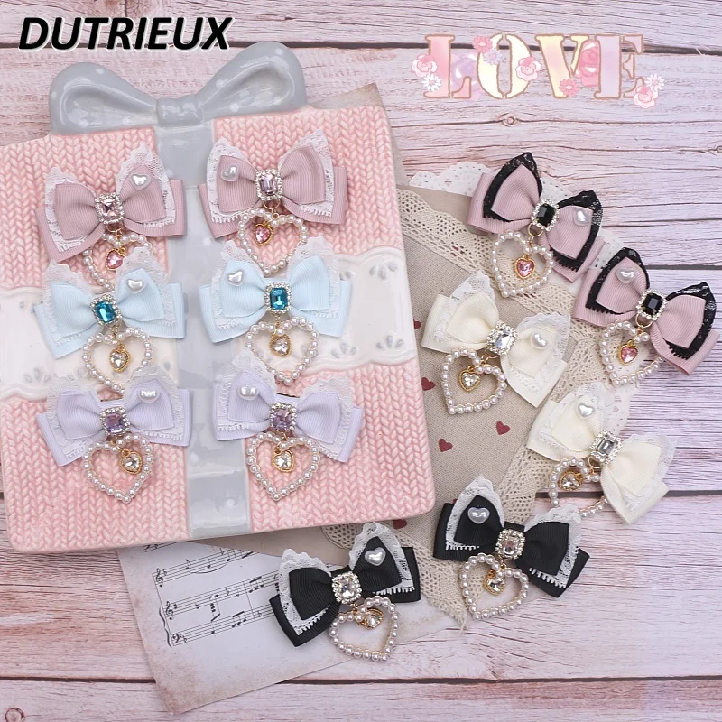 

Japanese Style Mine Mass-Produced Headdress Bow Lace Pearl Heart Pendant Barrettes Side Clip Hair Accessories for Women