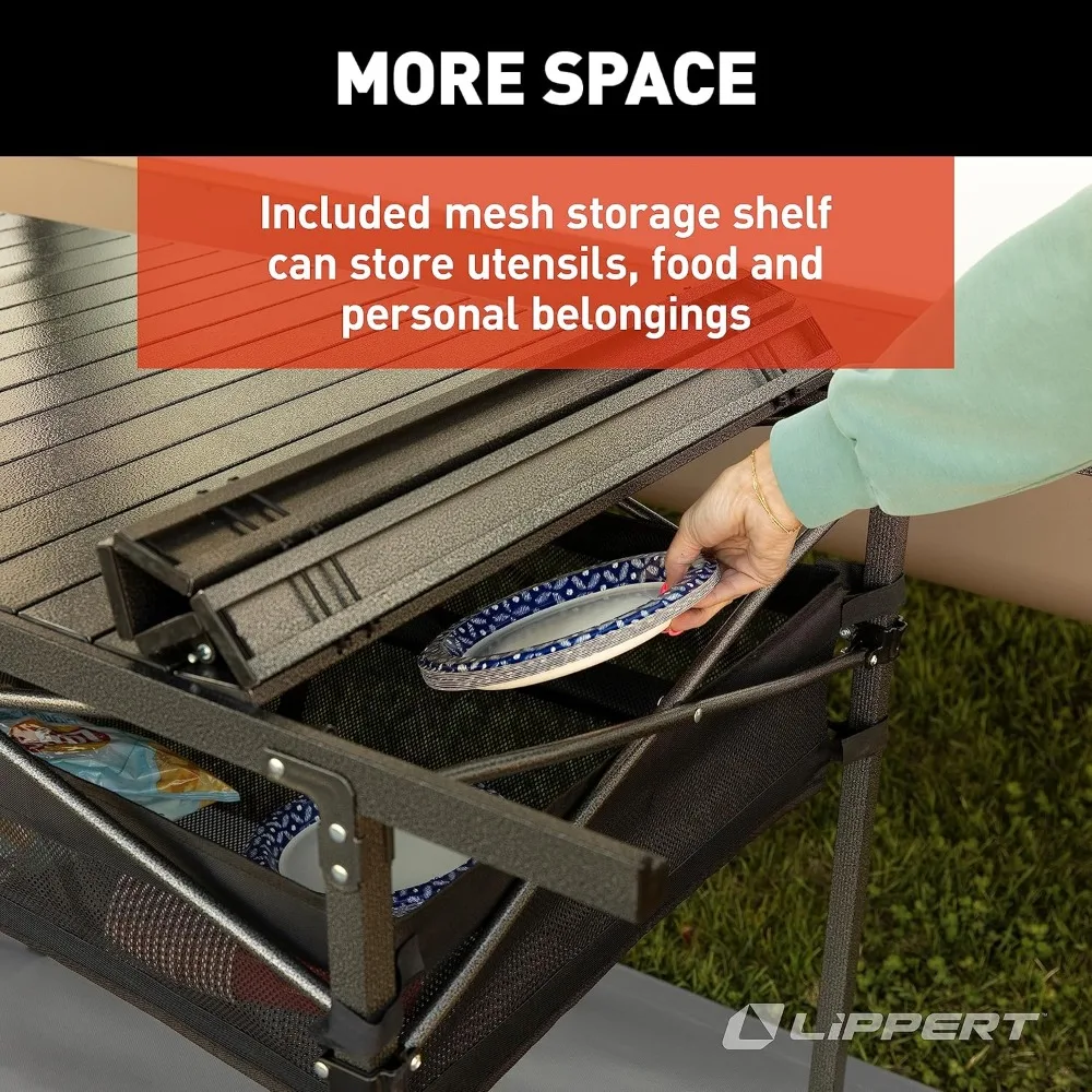 Lippert Camping Dining Table, Slatted Aluminum Tabletop, Foldable Design, Heavy-Duty Steel Legs, Powder-Coated Protection, Mesh