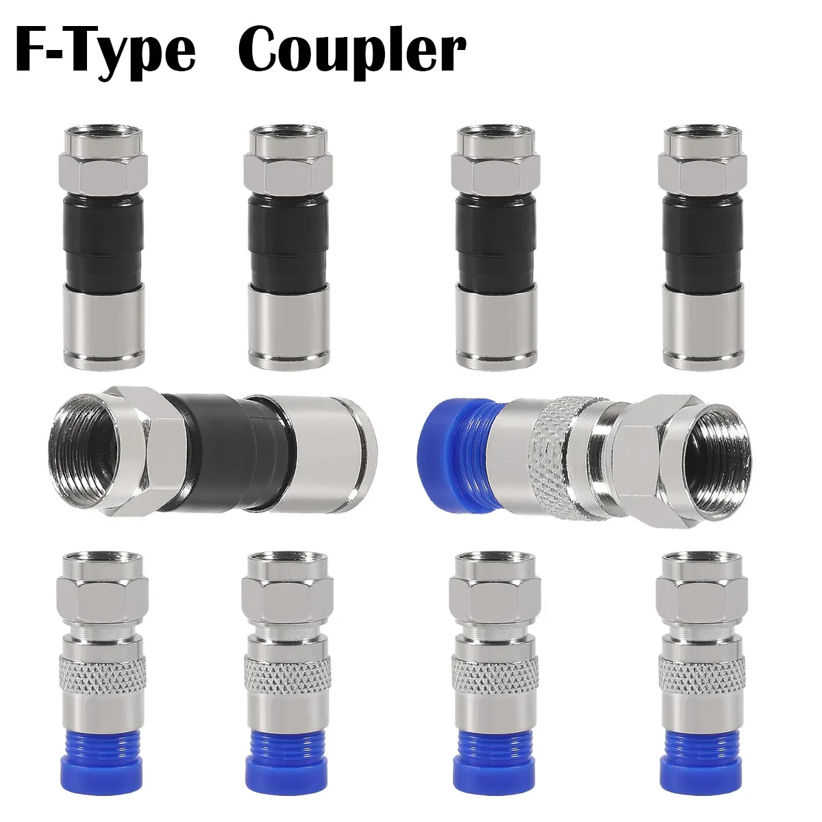 10pcs RG6 Compression Connectors - Premium RG6 F-Type Coax Connectors with Waterproof Design  for Satellite &  TV(Black & Blue )