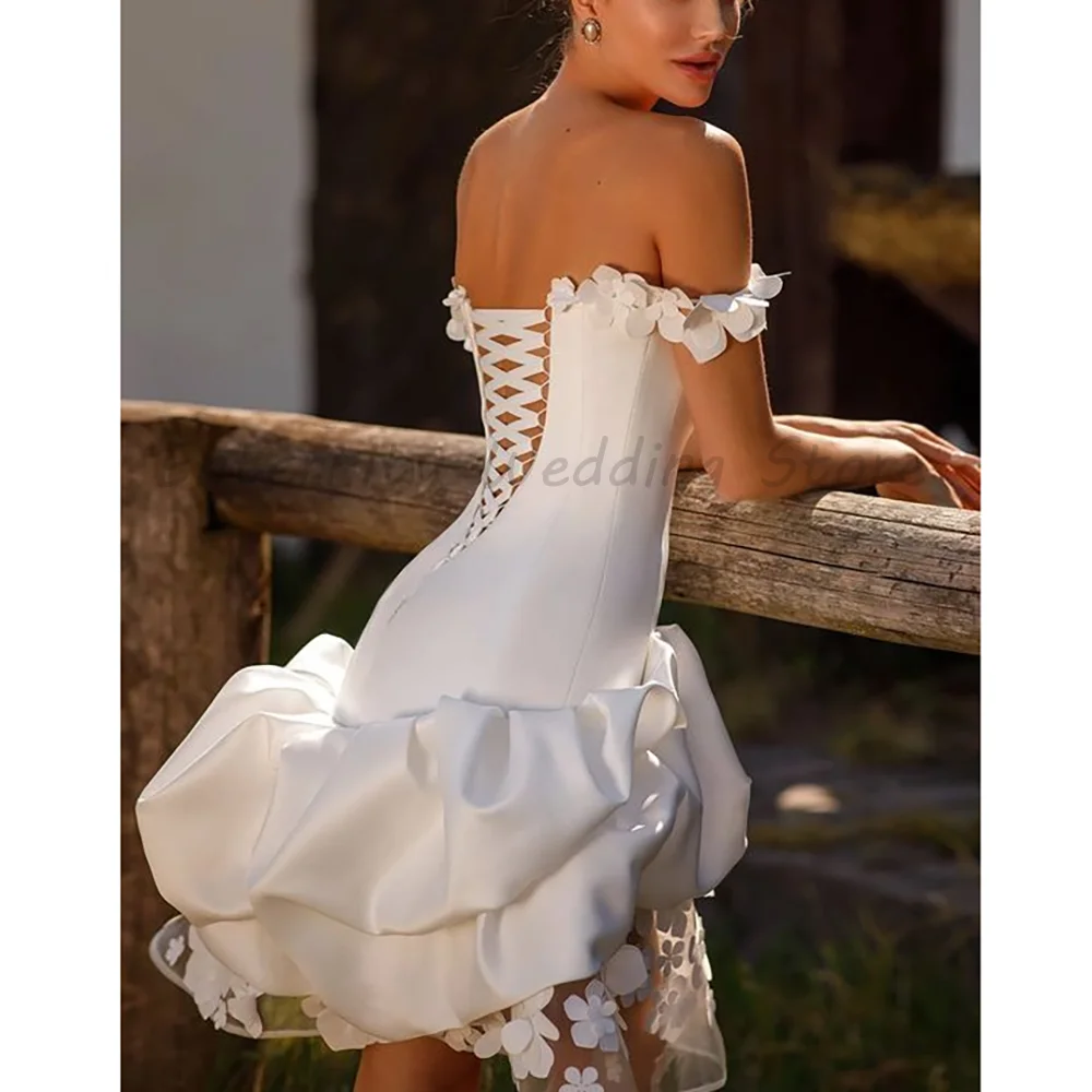 

White Off The Shoulder Sweetheart Neck 3D Flower Satin Sheer Tulle Asymmetric Ruffle Mini Bridal Wedding Dress