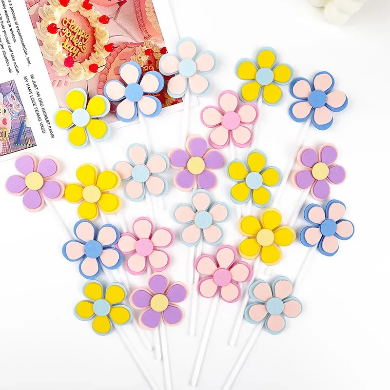 10pcs Multi Layered Daisy Flower Cake Topper Pink Yellow Purple Wedding Happy Birthday Party Kids Baby Shower cupcake Decor