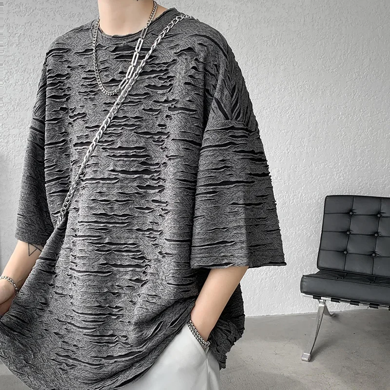 

Summer Chic Fashion Holes T-Shirts for Men Clothing Short Sleeve O-Neck Loose Casual Solid Color T-Shirt Homme Streetwear