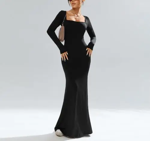 

Women's Square Neck Black Knitted Long Sleeved Dress with Buttocks Wrapped, Sexy Party Dress Dress