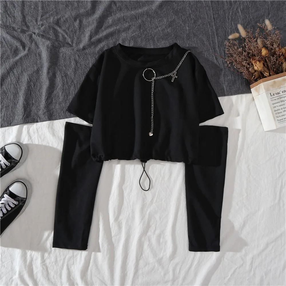 Spring Autumn Women Harajuku Cargo Pants Handsome Cool Two-piece Suit Chain Long Sleeve+ Elastic Waist Ribbon Pants