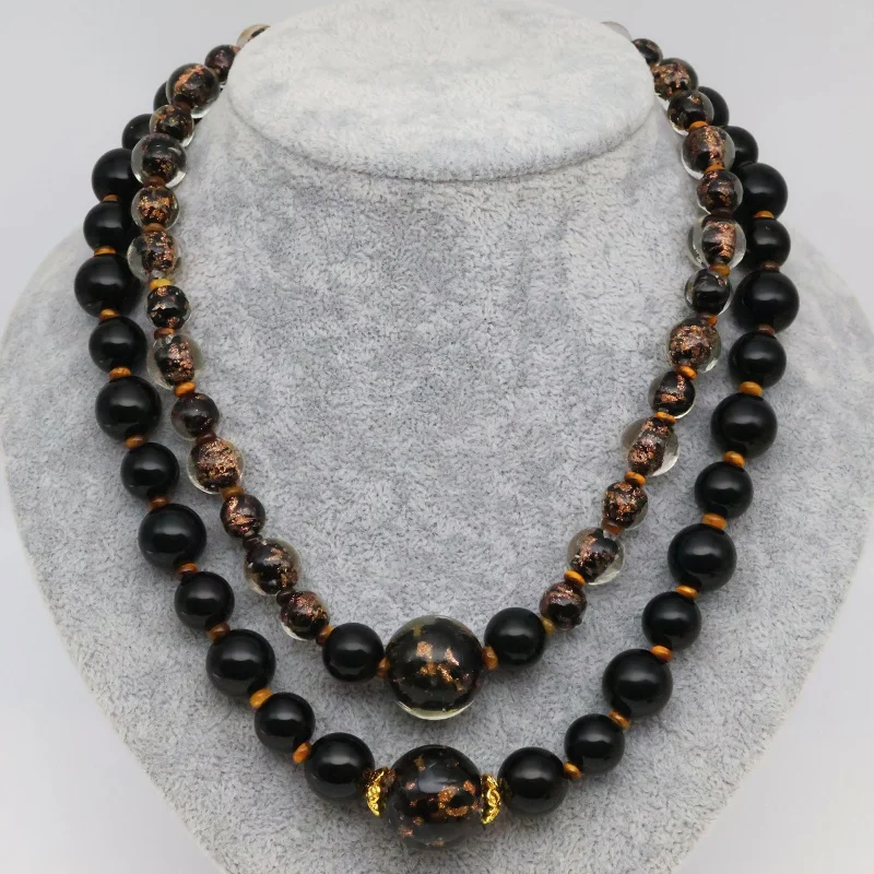 Middle-Ancient Noble Big Black Gold Round Gilding Colored Glaze Beads String Necklace Versatile High-Grade Artistic Retro Neckla