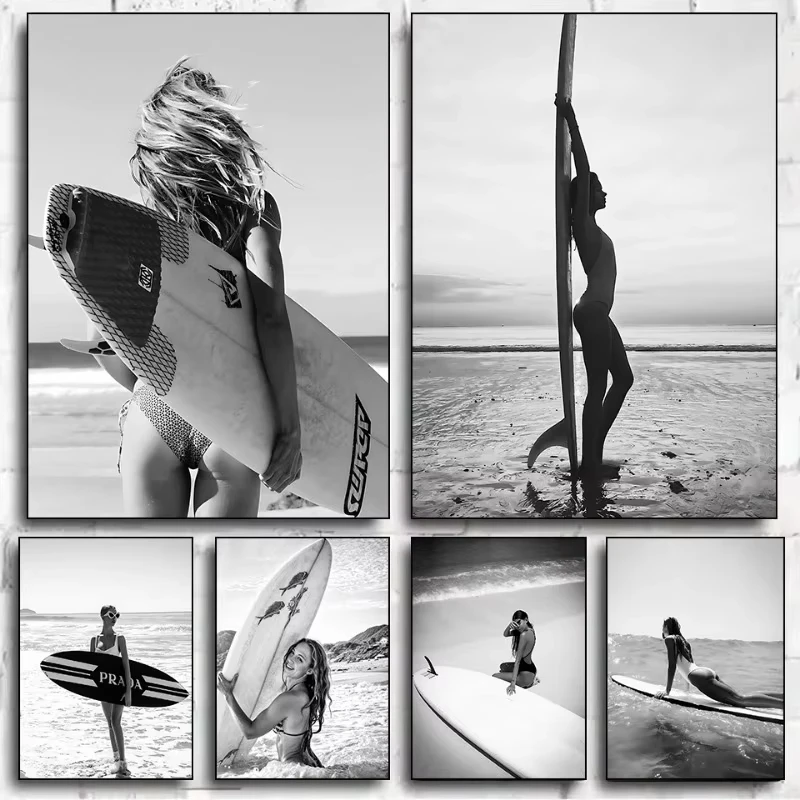 Póster de chica surfista en blanco y negro, lienzo impreso, imágenes para el hogar, sala de estar y pared del dormitorio, decoración moderna, pintura sin marco