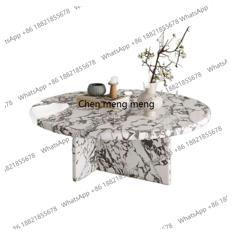 French Cream Style Natural Marble Coffee Table, Oval Round Italian Lacquered Top & Stainless Steel Frame, Heat-Resistant