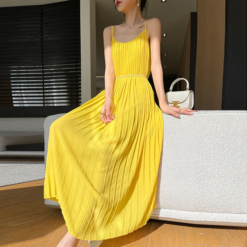 Verão novo dobrado strapl cetim sentir longo dr feminino camada de base emagrecimento na altura do joelho a linha vestido commute cintura alta