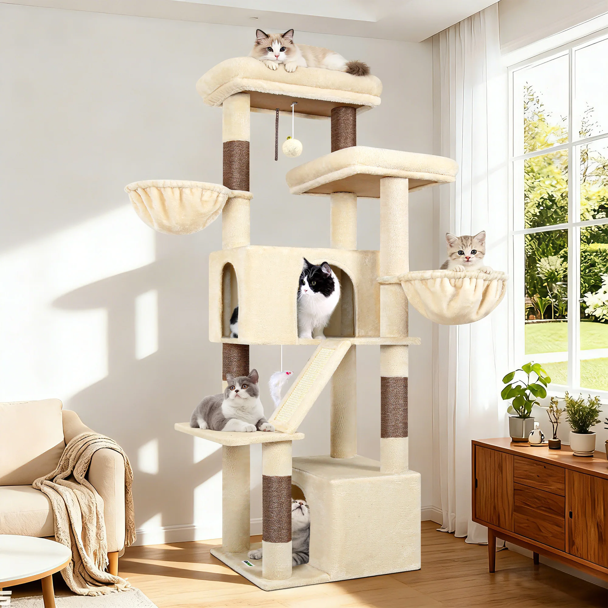 Torre per gatti Globlazer da 69" per 2-3 gatti di taglia media e grande da interno, centro attività di arrampicata a più livelli con 5 tiragraffi in sisal, 2 cuccette, amaca e perche