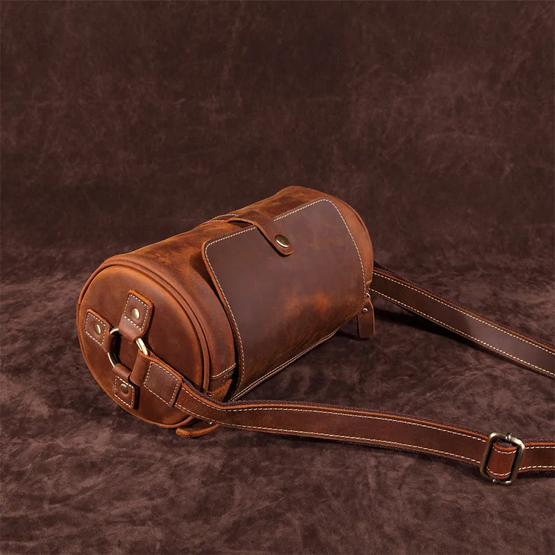 

Barrel-Shaped Vintage Crossbody Bag Men Fashion Street Trend Outdoor Casual Retro Genuine Cowhide Leather Single-shoulder Bags