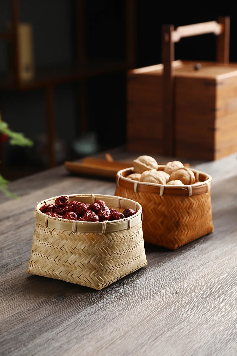 Dim sum bamboo basket,handmade,Chinese retro,desktop storage,primary color/carbonization,square bottom round mouth,fruit basin